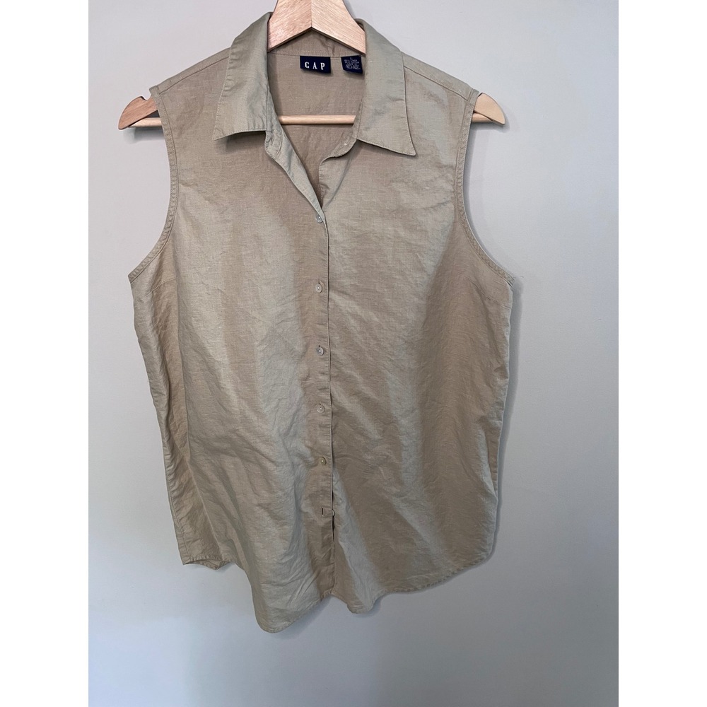 Gap Vintage Womens Tan Linen Cotton Sleeveless Button Down Shirt Size L